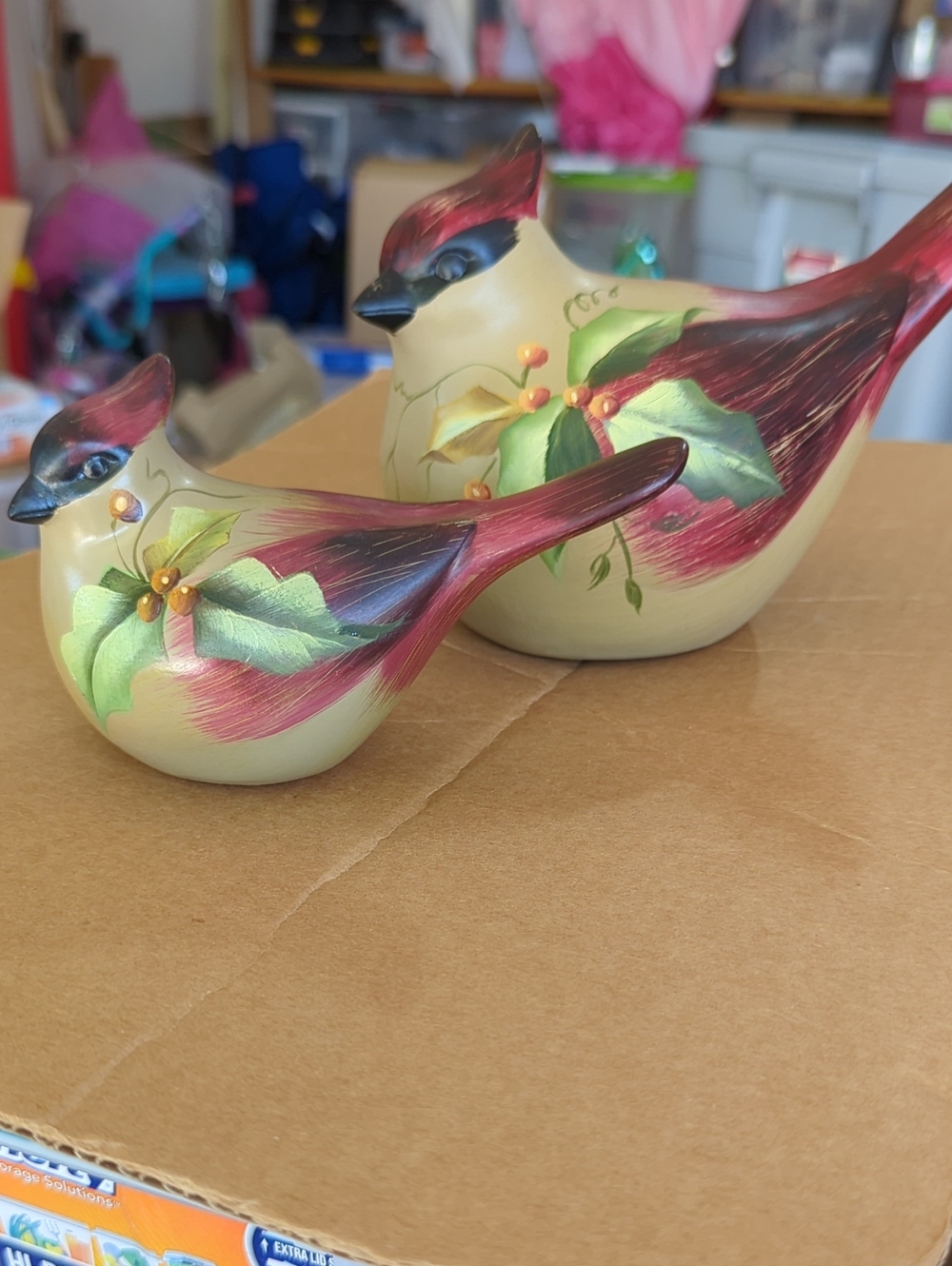 Hand-Painted Decorative Cardinal Figurines in Cream and Red - Set of 2